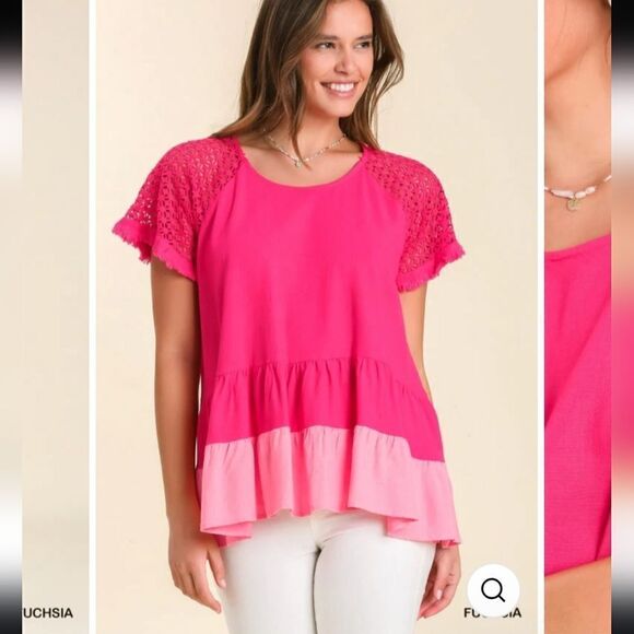 UMGEE Pink Tiered Babydoll Tunic Top with Crochet Sleeves - Picture 2 of 15
